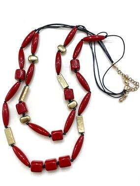 Chico's Red and Gold Double-Strand Beaded Necklace